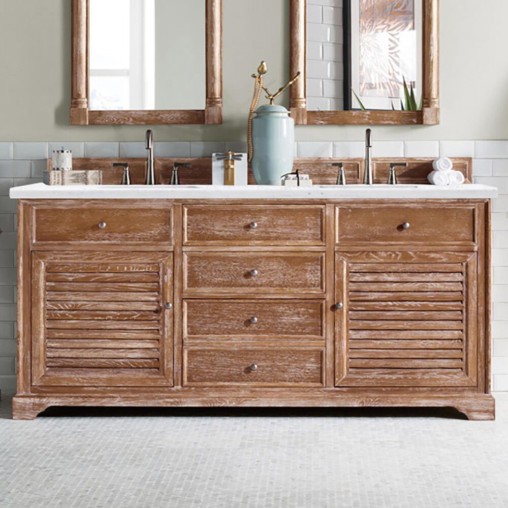 James Martin Vanities Savannah 72&quot; Double Bathroom Vanity in Driftwood with 3 cm Arctic Fall Solid Surface Top and Rectangular Sinks, , large