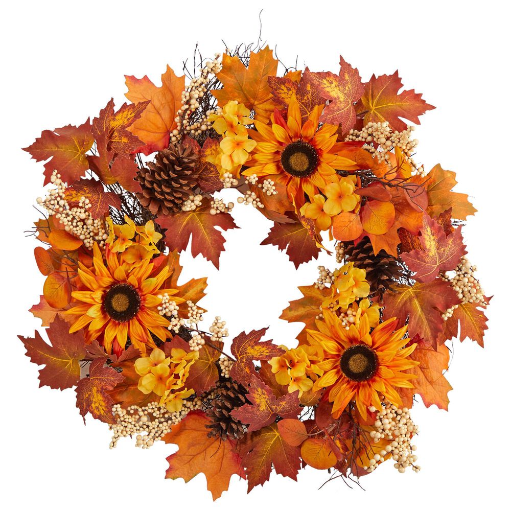 Nearly Natural Inc 28in. Autumn Maple Leaves, Sunflower, White Berries and Pinecones Artificial Fall Wreath, , large
