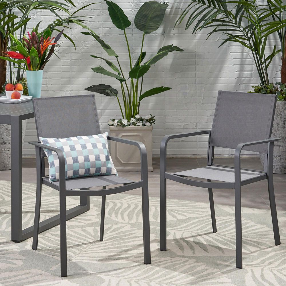 Hearth and Haven Outdoor Modern Aluminum Dining Chair with Mesh Seat in Dark Gray &#40;Set of 2&#41;, , large