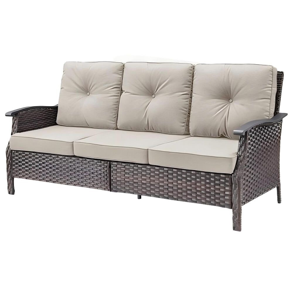 Sunwell Garden 37"H 3-Seater Outdoor Sofa with Wide Armrests and Beige Cushions in Brown, , large