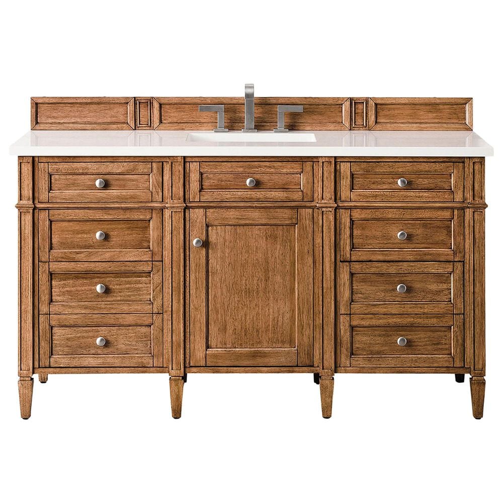 James Martin Vanities Brittany 30" Single Bathroom Vanity in Saddle Brown with Single Hole 3 cm White Zeus Quartz Top and Rectangular Sink, , large