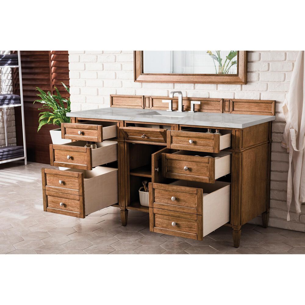 James Martin Vanities Brittany 60" Single Bathroom Vanity in Saddle Brown with 3 cm Eternal Jasmine Pearl Silestone Top, Rectangular Sink and FreePower Wireless Charger, , large