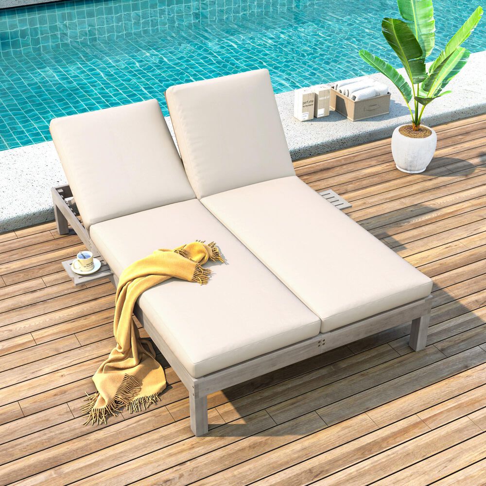 HOMLUX Patio 2-Person Chaise Lounge with Folding Side Tables and Gray Frame in Beige, , large