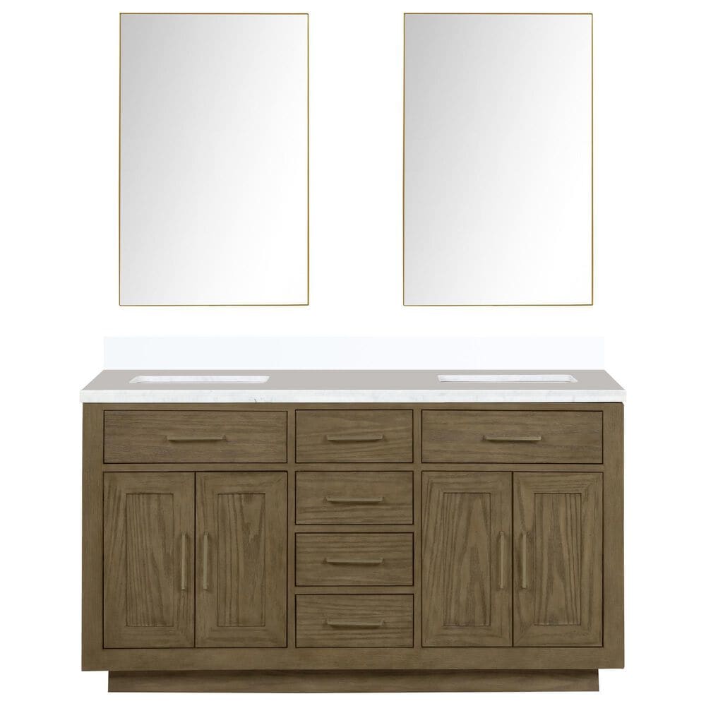 Lexora Home Abbey 60&quot; Double Bathroom Vanity in Grey Oak with 2 cm White Cultured Marble Top, Rectangular Sinks and 28&quot; Mirrors, , large