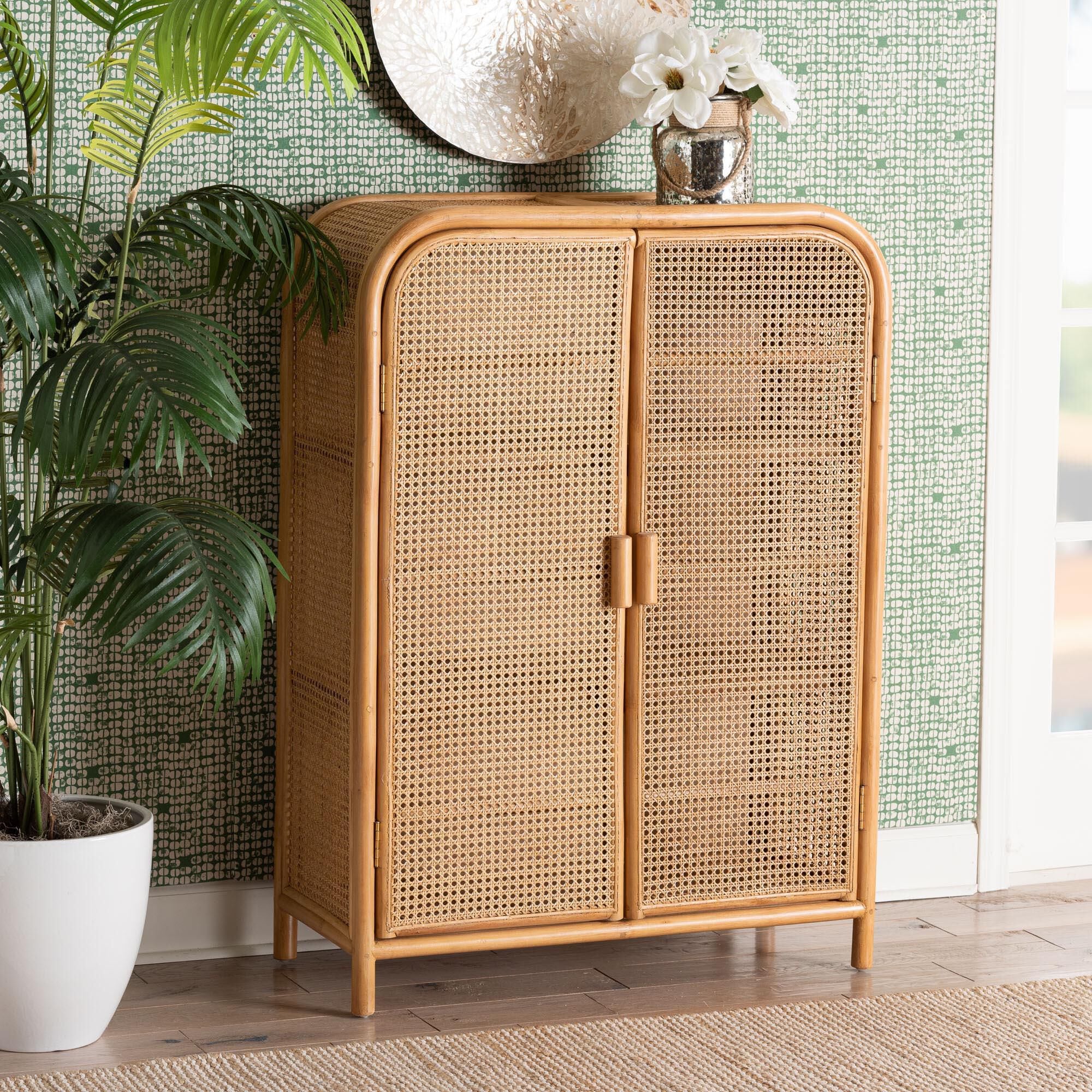 Baxton Studio Curacao 2-Door Rattan Storage Cabinet in Light Honey