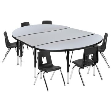 Flash Furniture Emmy 9-Piece 76" Oval Wave Activity Table Set with 12" Student Stack Chairs in Gray, Black and Chrome, , large