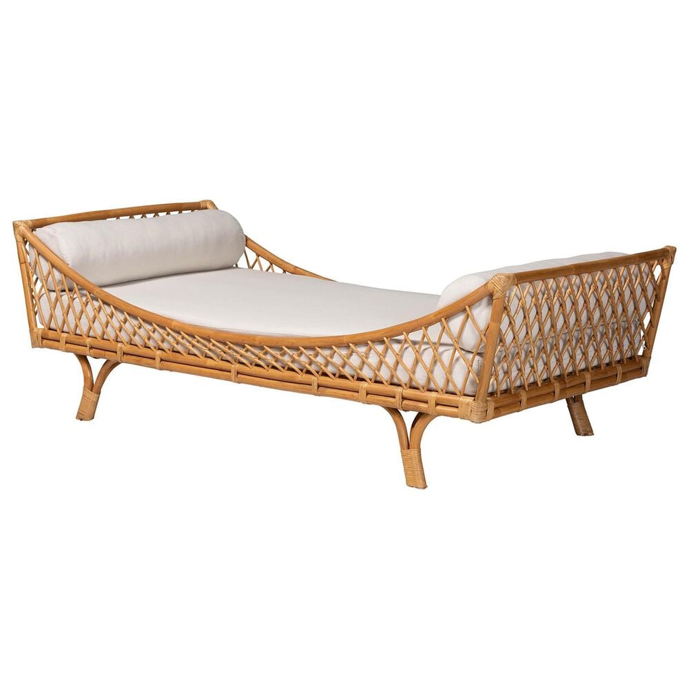 Baxton Studio Akemi Twin Rattan Daybed with Cushion in Light Honey, , large