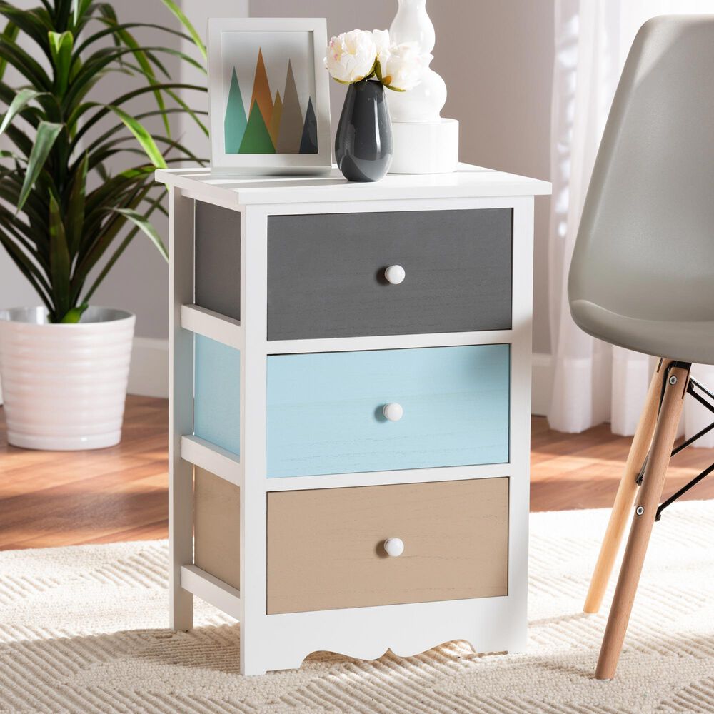 Baxton Studio Kalila 3-Drawer End Table in White and Multicolor, , large
