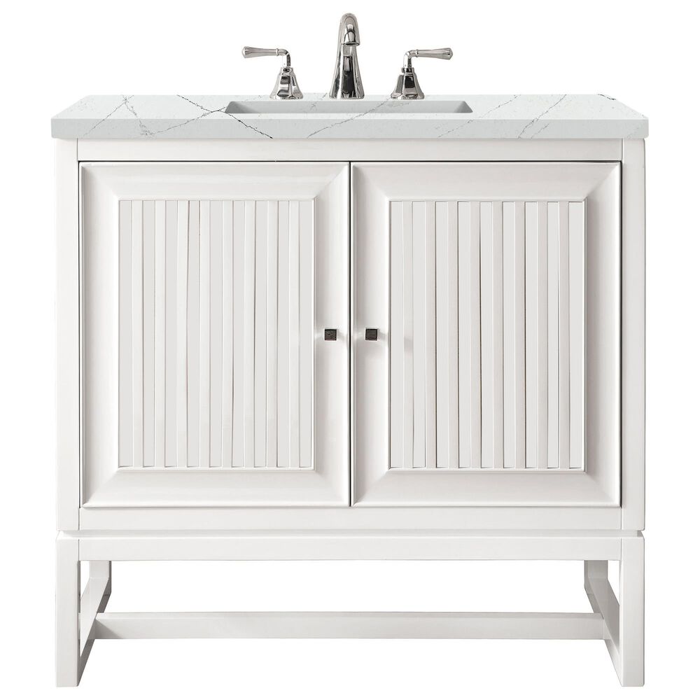 James Martin Vanities Athens 30" Single Bathroom Vanity in Glossy White with 3 cm Ethereal Noctis Quartz Top and Rectangular Sink, , large
