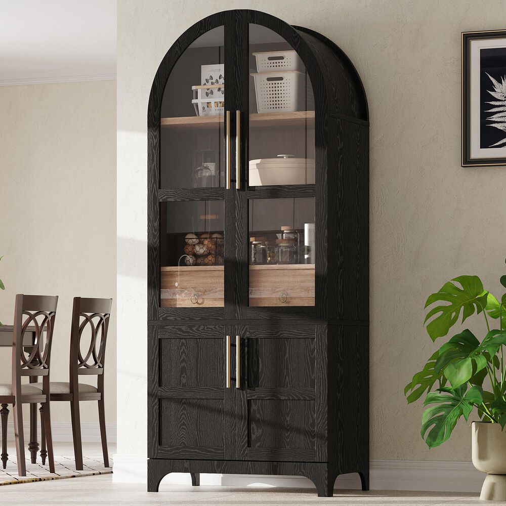 HOMLUX HOMLUX 71" Tall Arched Kitchen Pantry Cabinet with Door Shelves, Farmhouse Kitchen Storage Cabinet with Open &amp; Adjustable Shelves, Hidden Drawer &amp; Glass Door, Cupboard for Kitchen, Dining Room, Black, , large