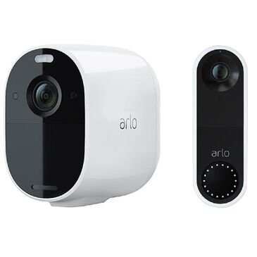 Arlo Essential Spotlight 1 Camera in White + Smart WiFi Video Doorbell in Black and White, , large
