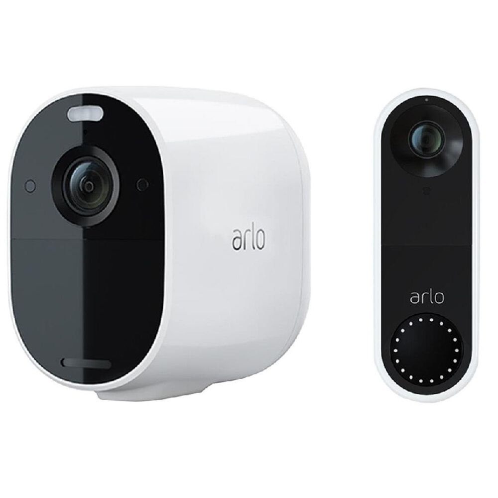 Arlo Essential Spotlight 1 Camera in White + Smart WiFi Video Doorbell in Black and White, , large