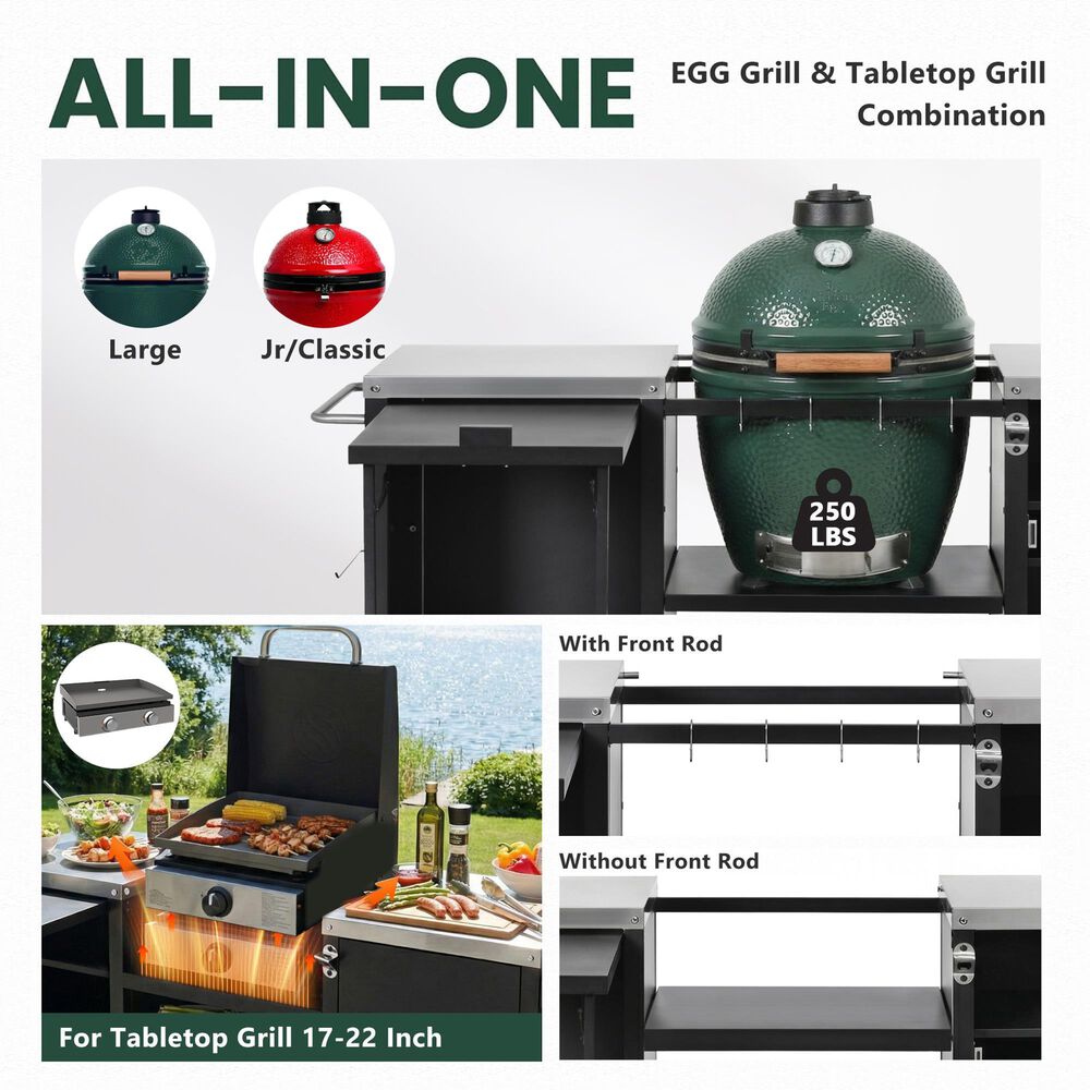 HOMLUX 72.4" Outdoor Kitchen Island with Large Fold-out Prep Table and Adjustable Shelves for Big Green Egg in Black, , large