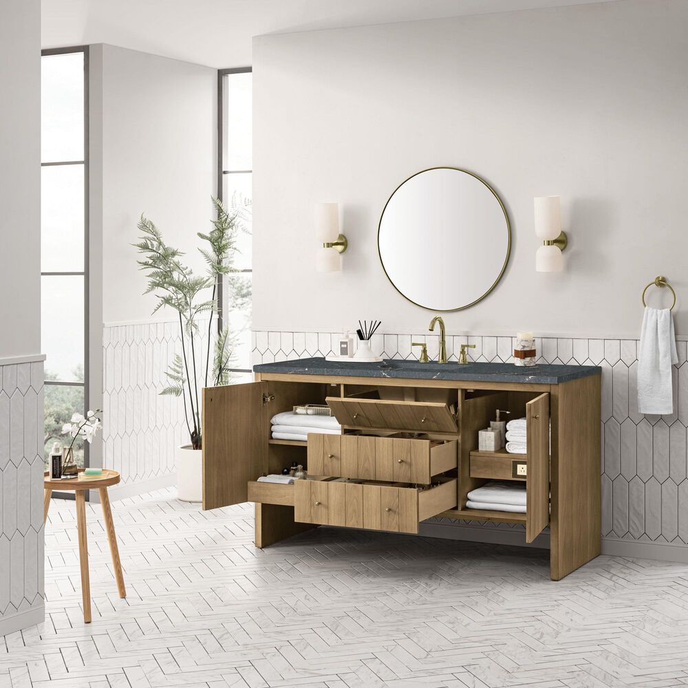 James Martin Vanities Hudson 60" Single Bathroom Vanity in Light Natural Oak with 3 cm Parisien Bleu Quartz Top, Rectangular Sink and FreePower Wireless Charger, , large