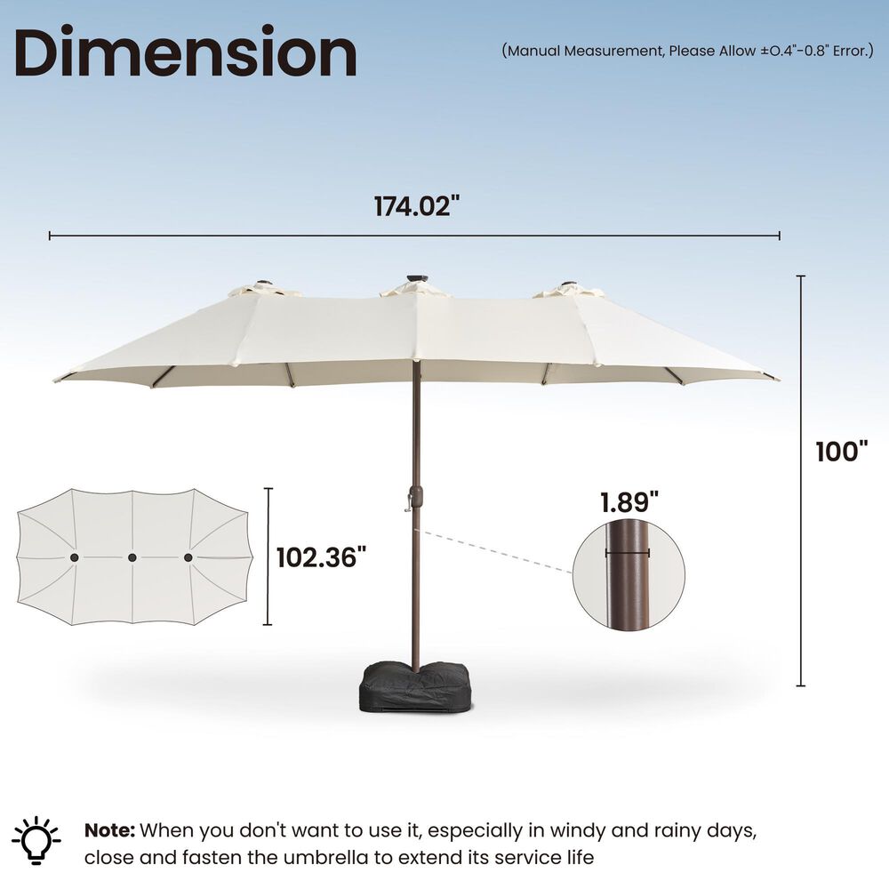 HOMLUX 15' Double-Sided Outdoor Market Umbrella with Sandbag Base and RGB LED Lights in White, , large