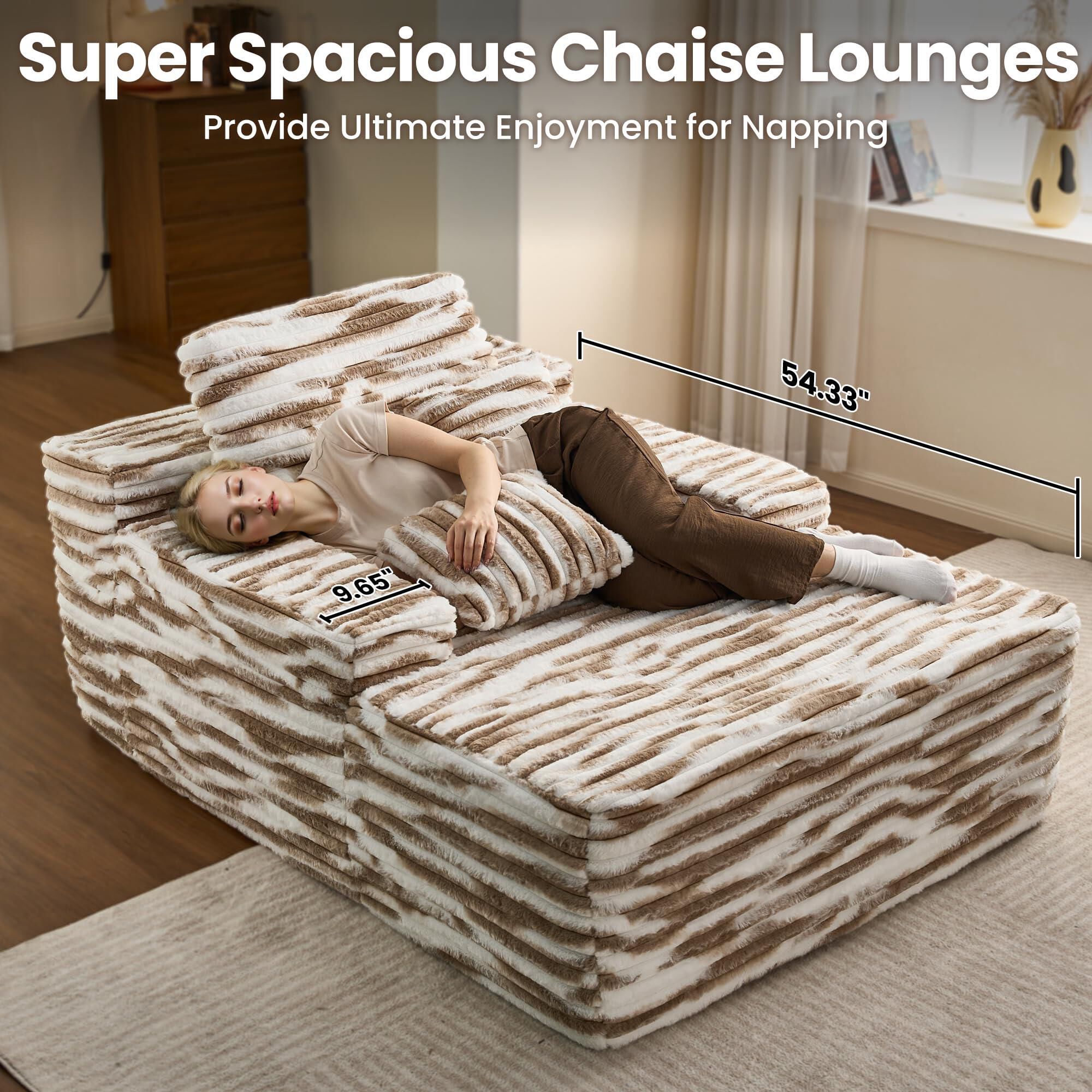 HOMLUX Cloud Faux Fur Chaise Lounge with Plush Pillows in Brown Zebra