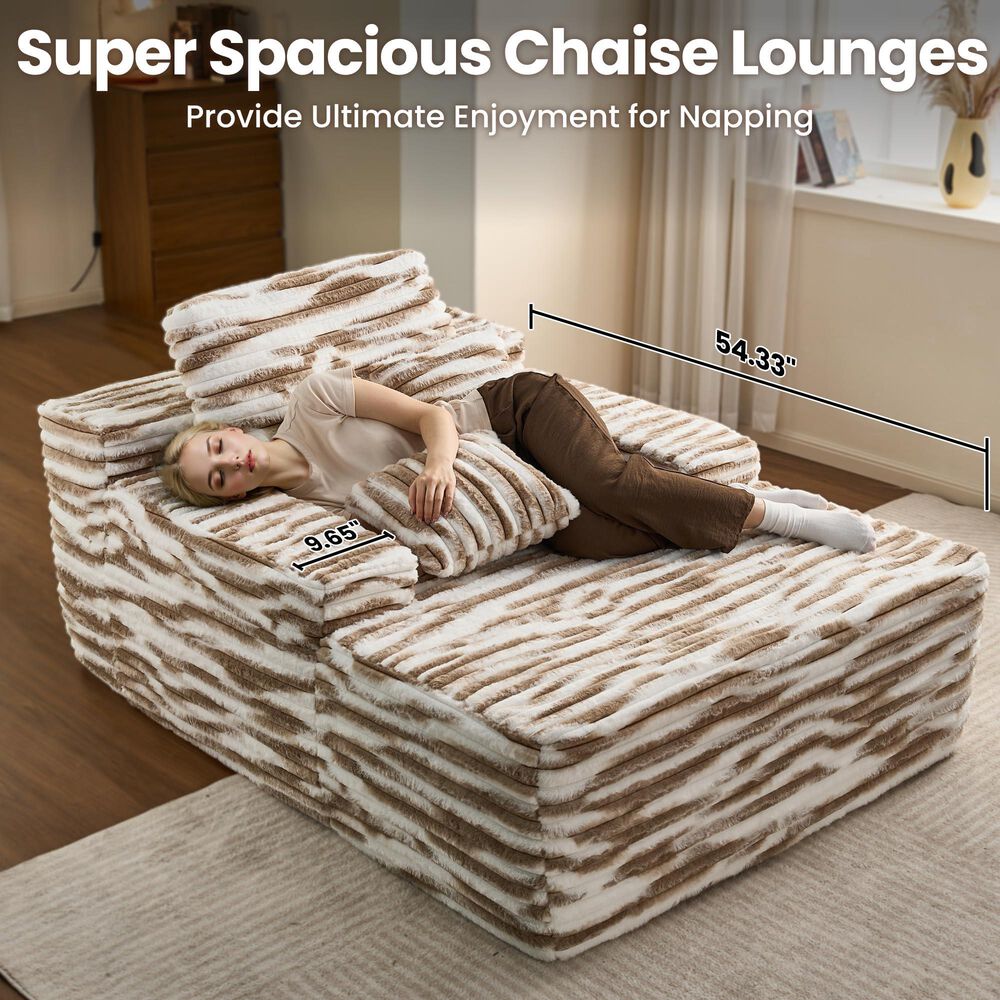 HOMLUX Cloud Faux Fur Chaise Lounge with Plush Pillows in Brown Zebra, , large