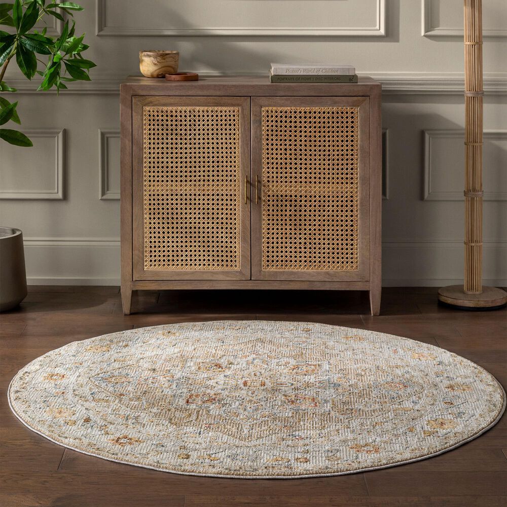 Surya Reina Tan, Light Gray, Medium Gray, Cream, Light Brown, Denim, Rust and Mustard 6&#39;7&quot; Round Area Rug, , large