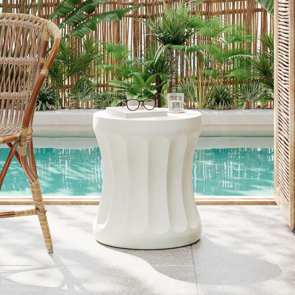Hearth and Haven Outdoor Round Side Table with Cylindrical Shape and Cinched Waist in Antique White, , large