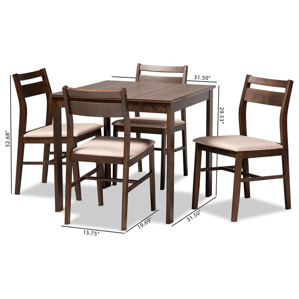 Baxton Studio Lovy 5-Piece Square Dining Set with Beige Fabric in Dark Walnut, , large