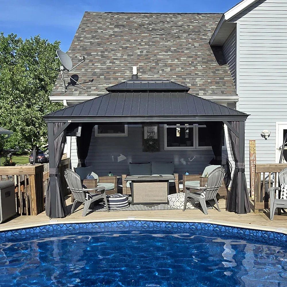 HOMLUX 14-ft x 11-ft Double Roof Outdoor Gazebo Gray Gazebo with Hardtop Roof (Screen Included), , large