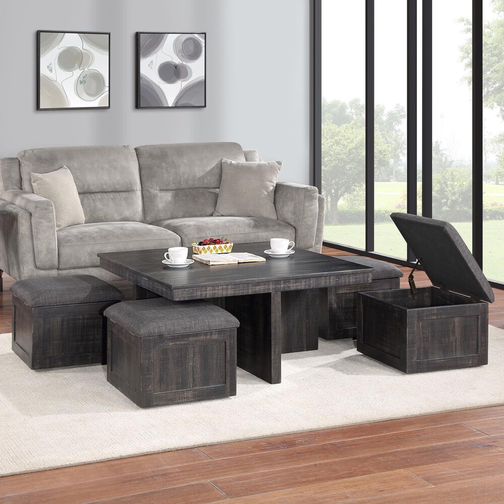 HOMLUX 5-Piece 38" Coffee Table Set with 4 Nested Storage Stools in Gray Oak, , large