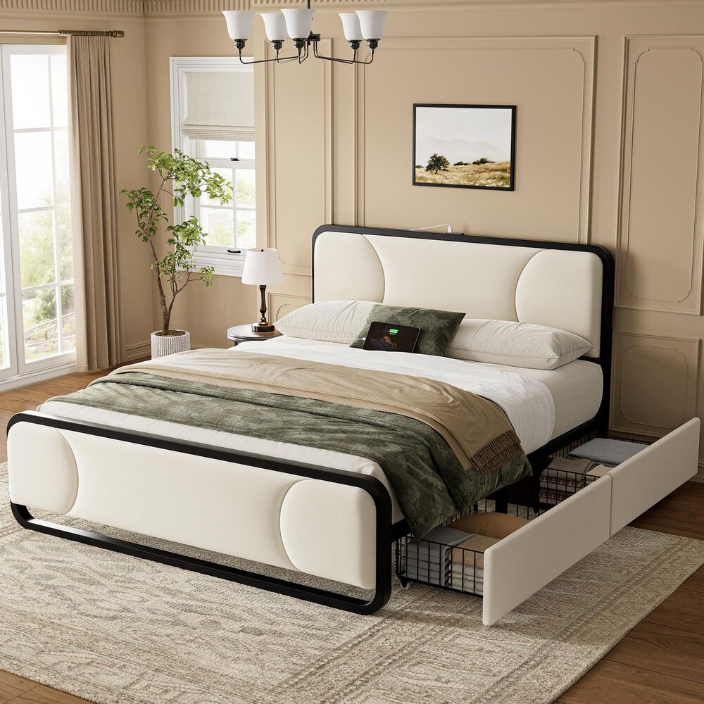 HOMLUX Queen Upholstered Platform Storage Bed in Beige, , large