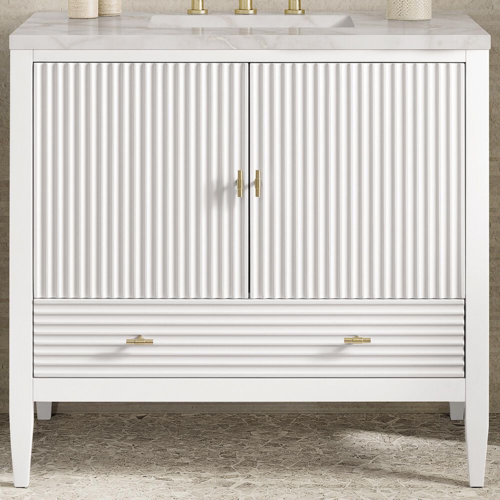 James Martin Vanities Myrrin 36&quot; Vanity in Bright White with 3 cm Victorian Silver Quartz Top, , large