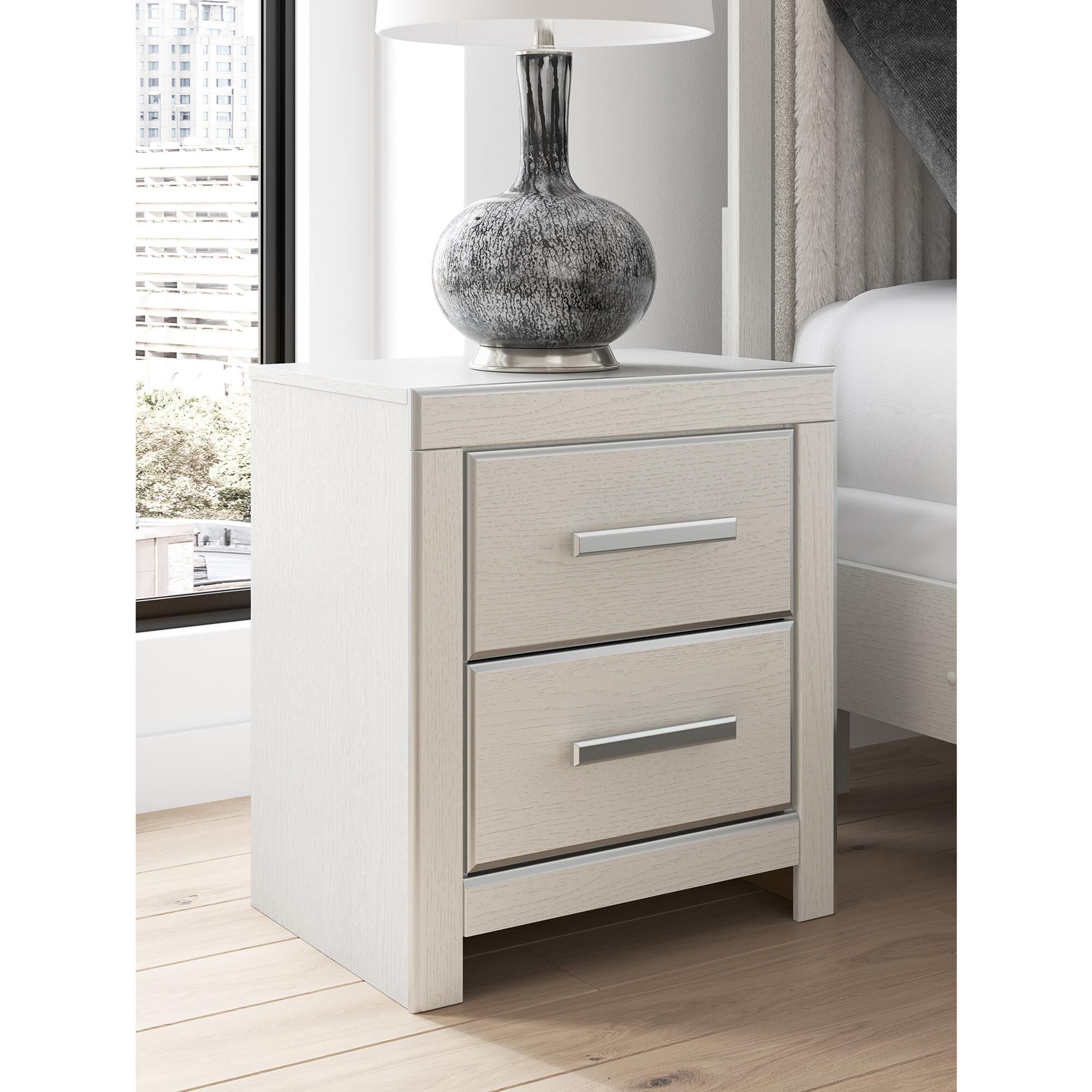 Ashley Zuraleus 2-Drawer Night Stand in Matte White and Chrome