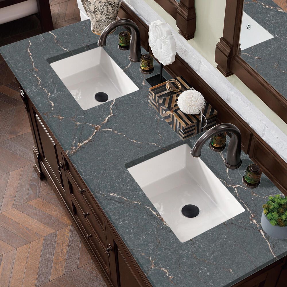 James Martin Vanities Brookfield 60&quot; Double Bathroom Vanity in Burnished Mahogany with Single Hole 3 cm White Zeus Quartz Top and Rectangular Sinks, , large