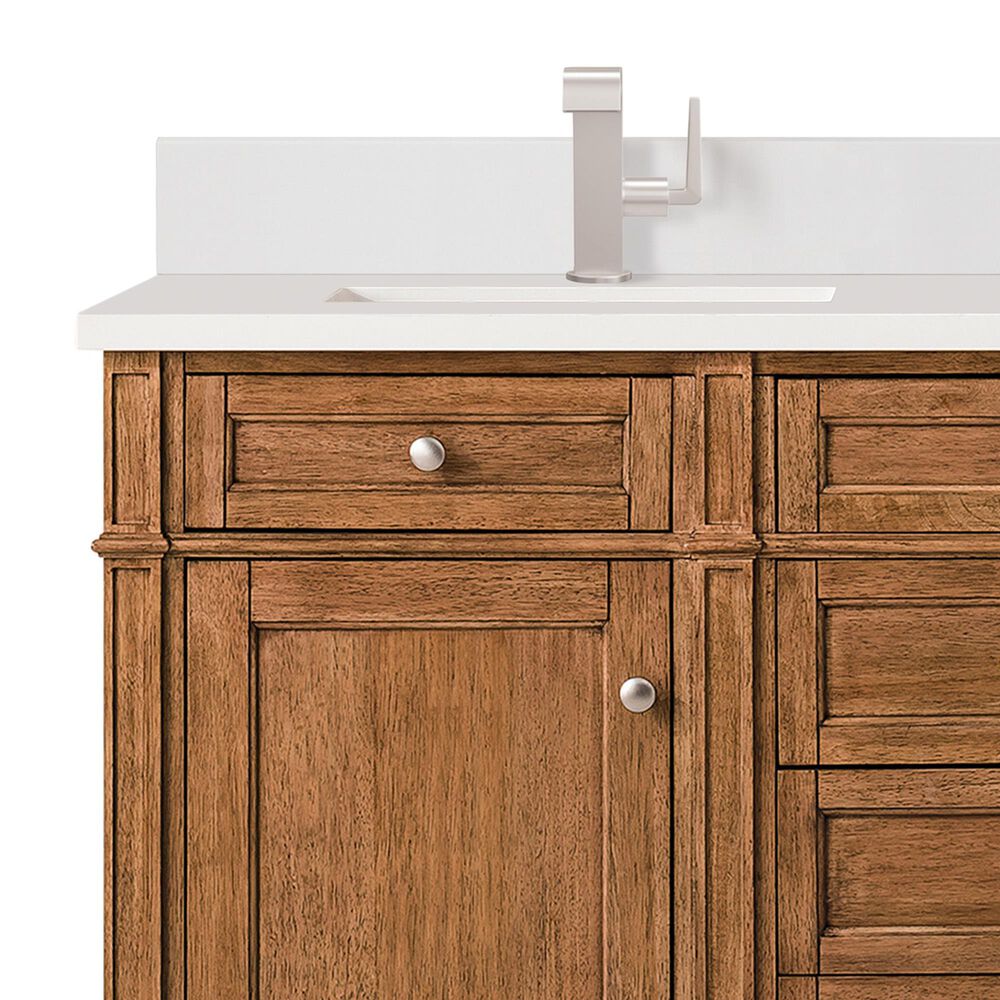 James Martin Vanities Brittany 60&quot; Double Bathroom Vanity in Saddle Brown with 3 cm White Zeus Quartz Top and Rectangular Sinks, , large