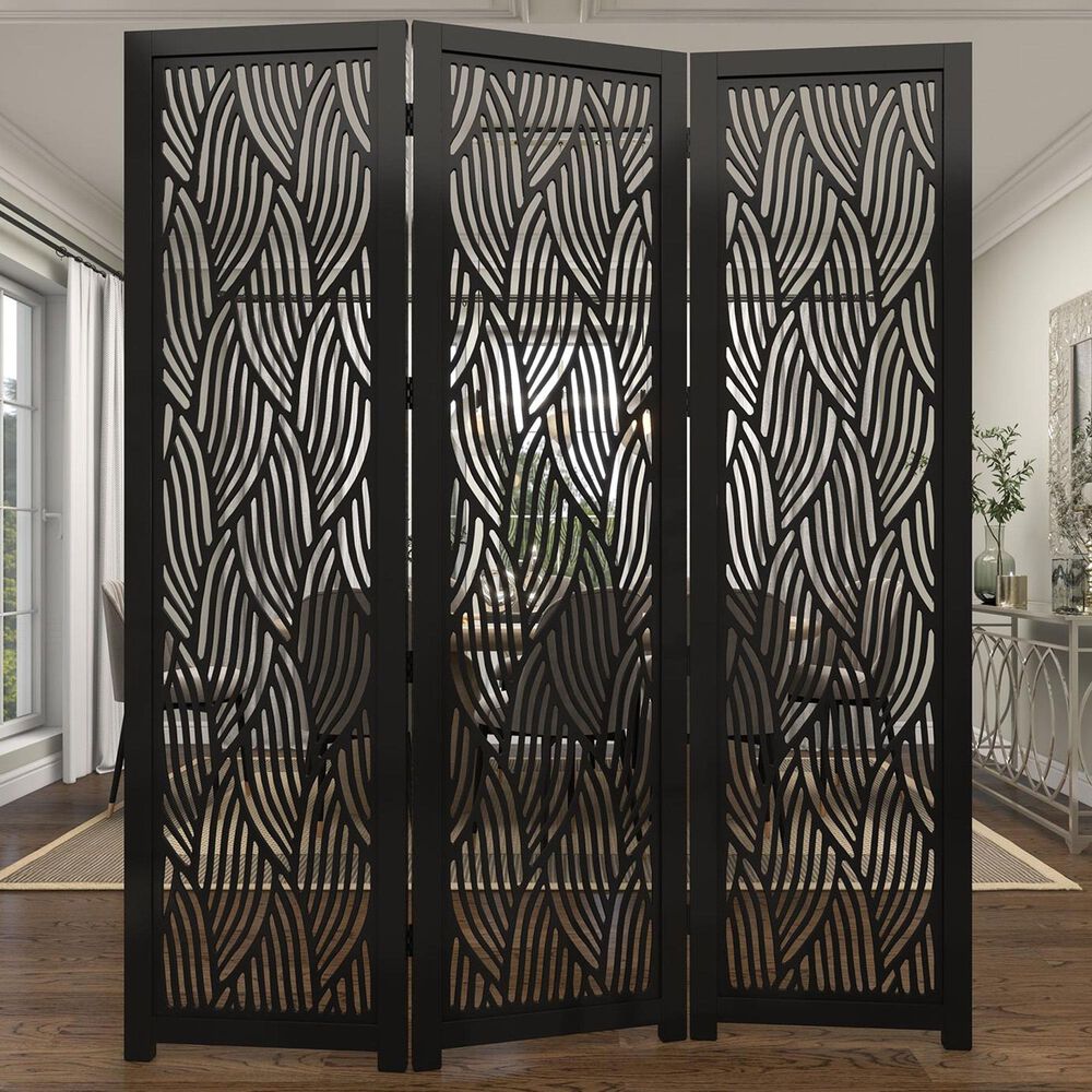 Maple and Jade 3-Panel Abstract Wavy Cutout Partition Room Divider Screen in Matte Black, , large
