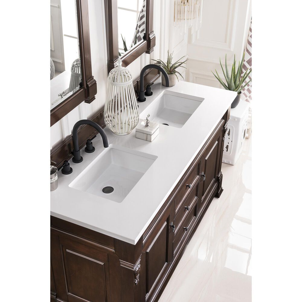 James Martin Vanities Brookfield 60&quot; Double Bathroom Vanity in Burnished Mahogany with 3 cm White Zeus Quartz Top and Rectangular Sinks, , large