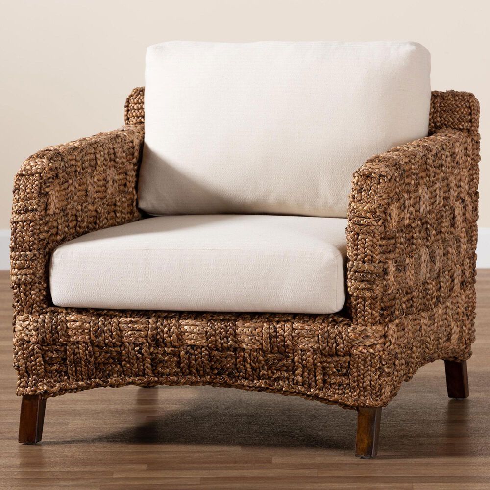 Baxton Studio Vevina Arm Chair with Natural Brown Seagrass in White, , large