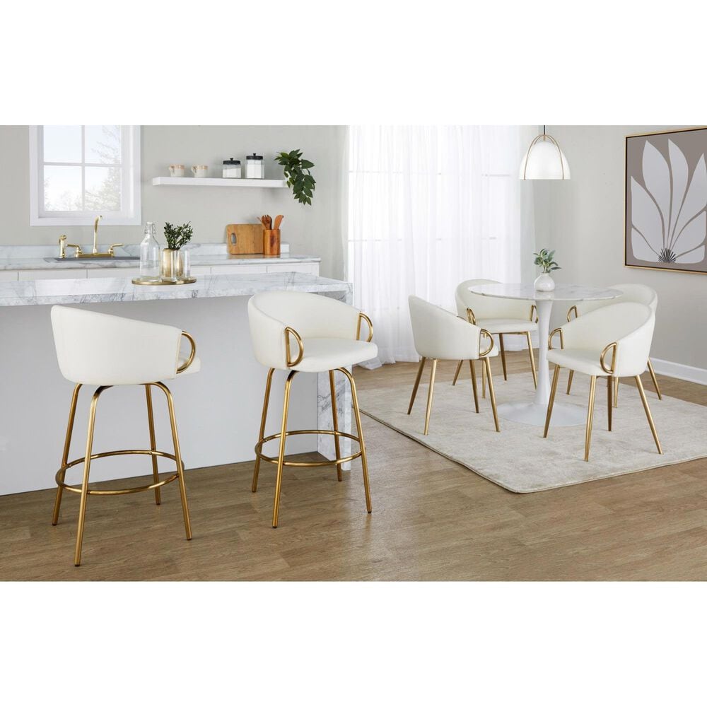 LumiSource Claire Swivel Counter Stool with White Faux Leather Upholstery in Gold (Set of 2), , large