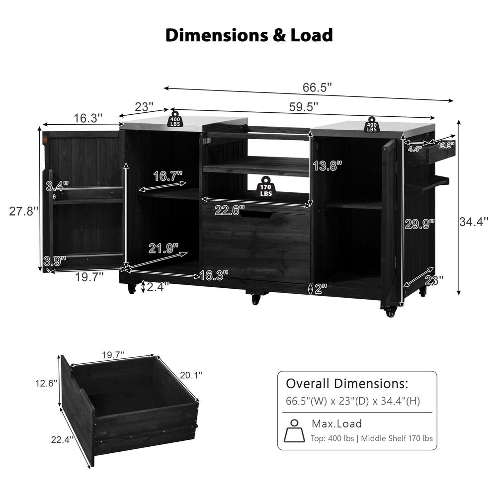 HOMLUX 67" Outdoor Kitchen Island with Stainless Steel Top in Black, , large