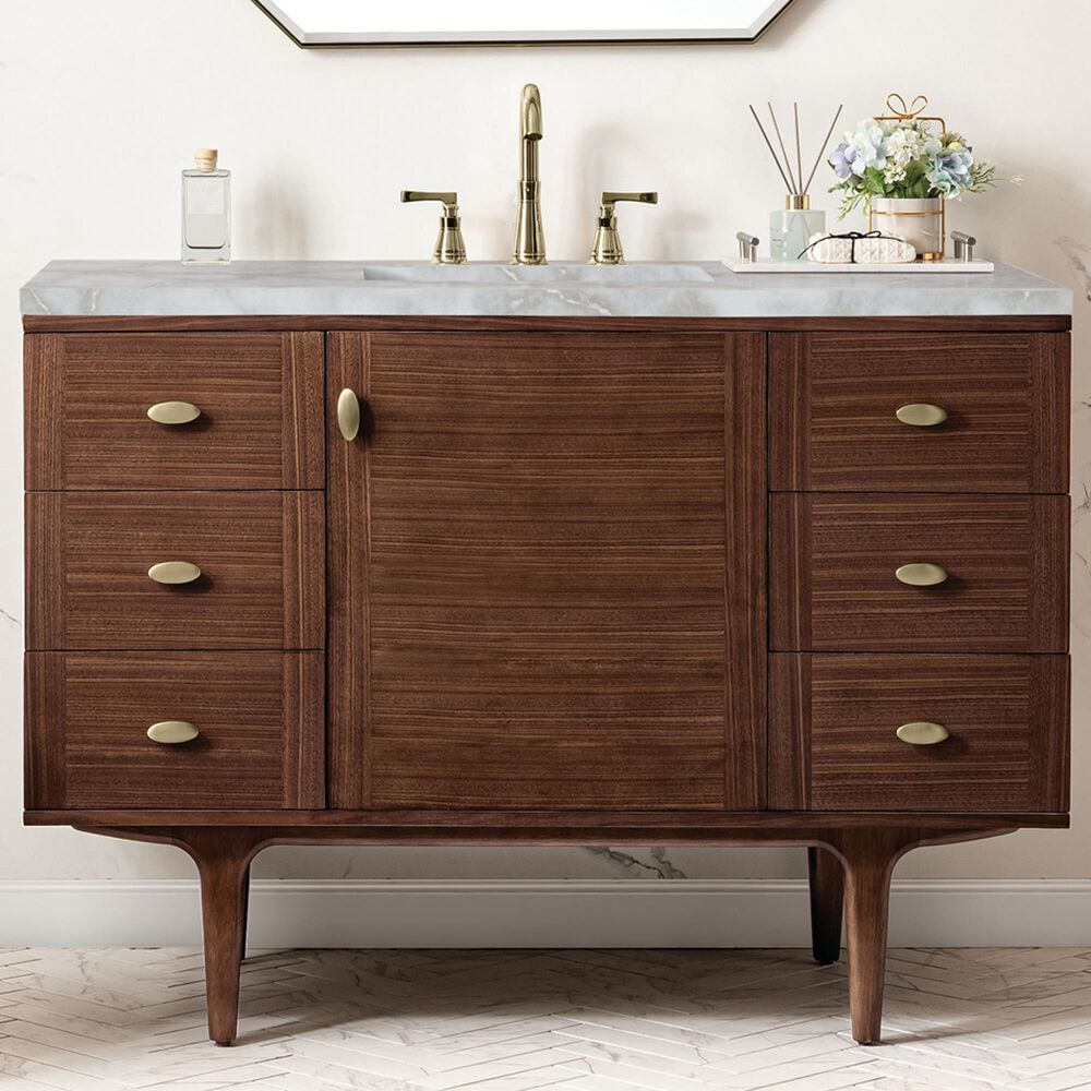 James Martin Vanities Amberly 48&quot; Single Bathroom Vanity in Mid-Century Walnut with 3 cm Victorian Silver Quartz Top and Rectangular Sink, , large