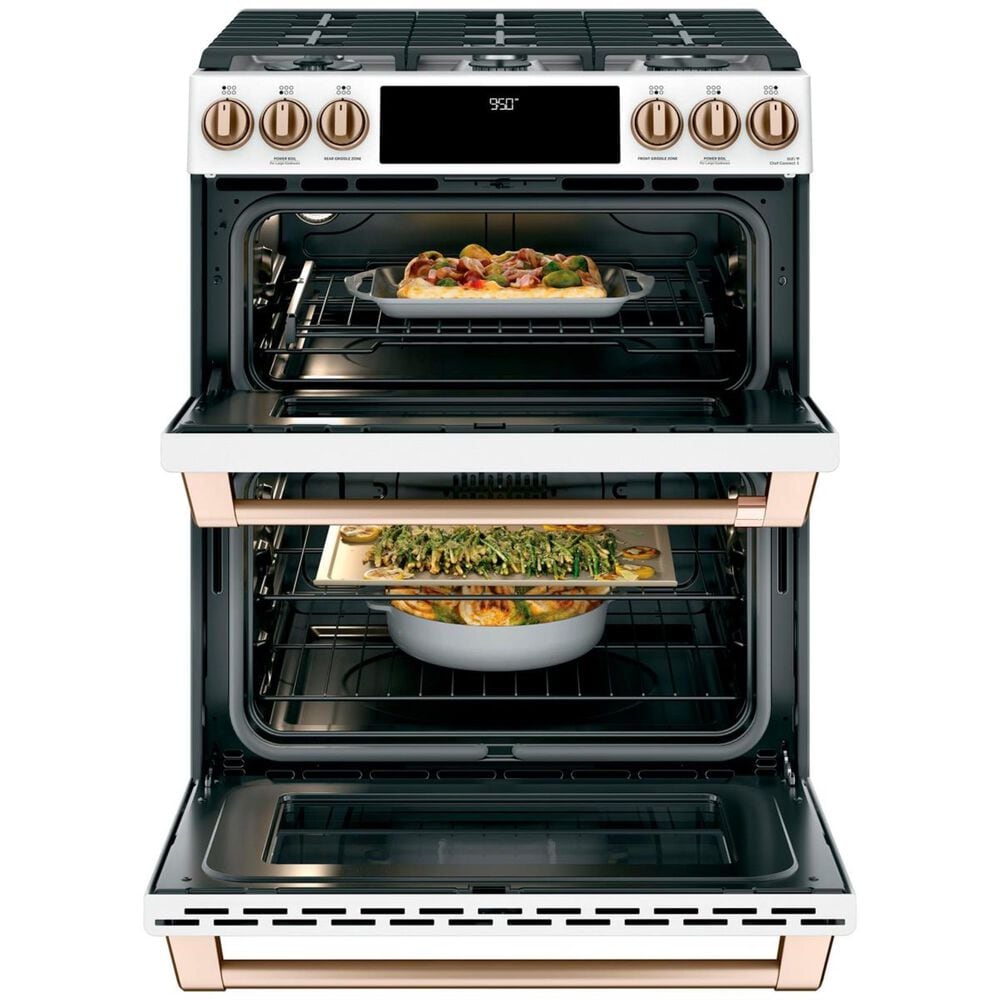 Cafe 30" Slide-IN Front Control Dual-Fuel Double Oven with Convection Range in Matte White with Brushed Bronze Handle, , large