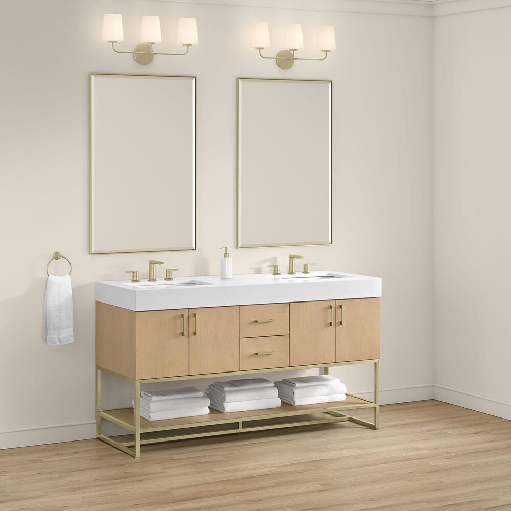 37B Mauri 60" Double Bathroom Vanity with Metal Base in Warm Oak with High-Profile 4" White Composite Stone Top, , large