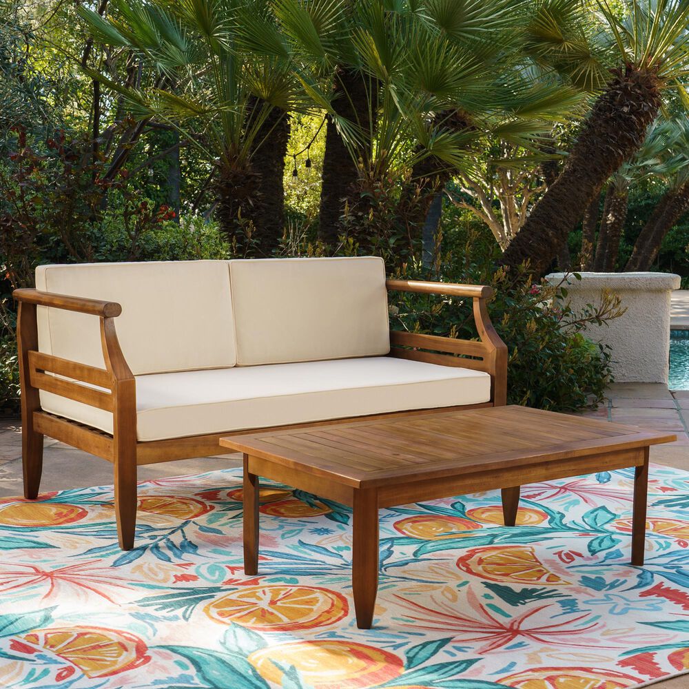 Linon Home Decor Arlen 2-Piece Outdoor Conversation Set with Beige Cushion in Brown, , large
