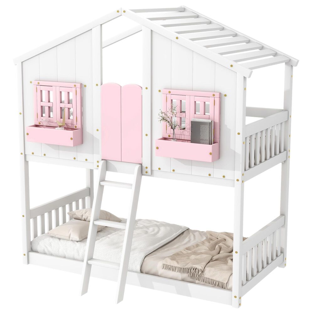 Hearth and Haven Twin over Twin House Bunk Bed with Roof in Pink and White, , large