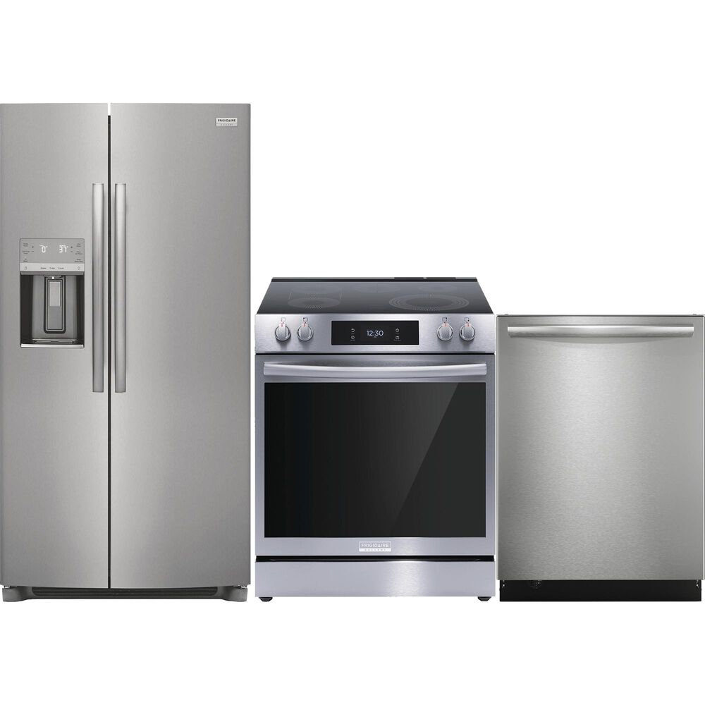 Frigidaire Gallery 3 Piece Kitchen Package with 25.6 Cu. Ft. 36" Standard Depth Side-by-Side Refrigerator, 30" Front Control Electric Range with Total Convection, 24" Built-In Bar Handle Dishwasher with CleanBoost in Stainless Steel, , large