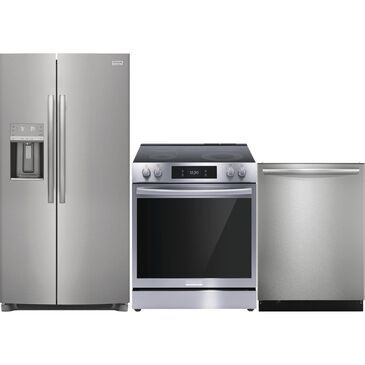 Frigidaire Gallery 3 Piece Kitchen Package with 25.6 Cu. Ft. 36" Standard Depth Side-by-Side Refrigerator, 30" Front Control Electric Range with Total Convection, 24" Built-In Bar Handle Dishwasher with CleanBoost in Stainless Steel, , large