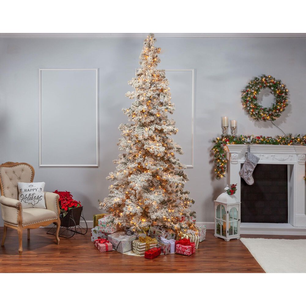 The Gerson Company 9&#39; Pre-Lit Artificial Heavy Flocked Layered Spruce with White Lights in Green, , large