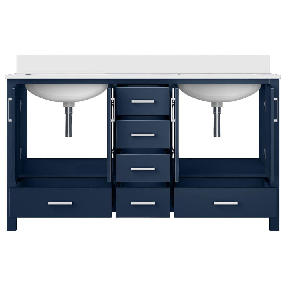 Lexora Home Jacques 60&quot; Double Bathroom Vanity in Navy Blue with 2 cm White Quartz Top and Rectangular Sinks, , large