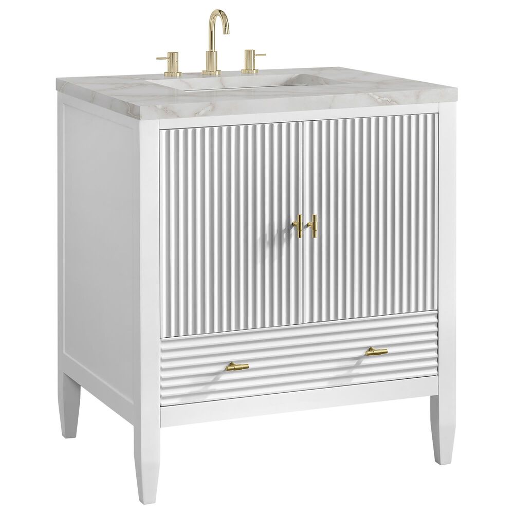 James Martin Myrrin 30" Single Bathroom Vanity in Bright White with 3 cm Victorian Silver Silestone Top and Rectangular Sink, , large