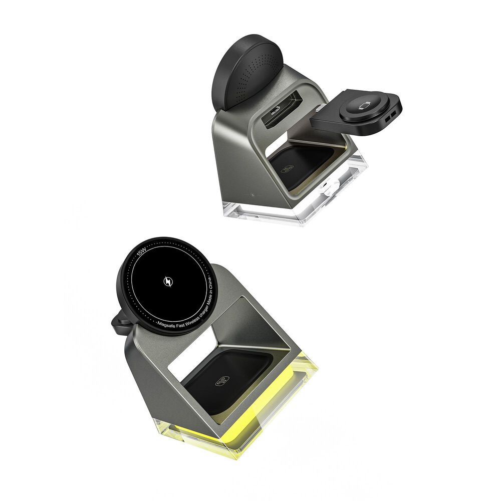 POM Gear 4 in 1 Metal Wireless Charging Stand (15w + 5w + 3w) &amp; Touch Nightlight, , large