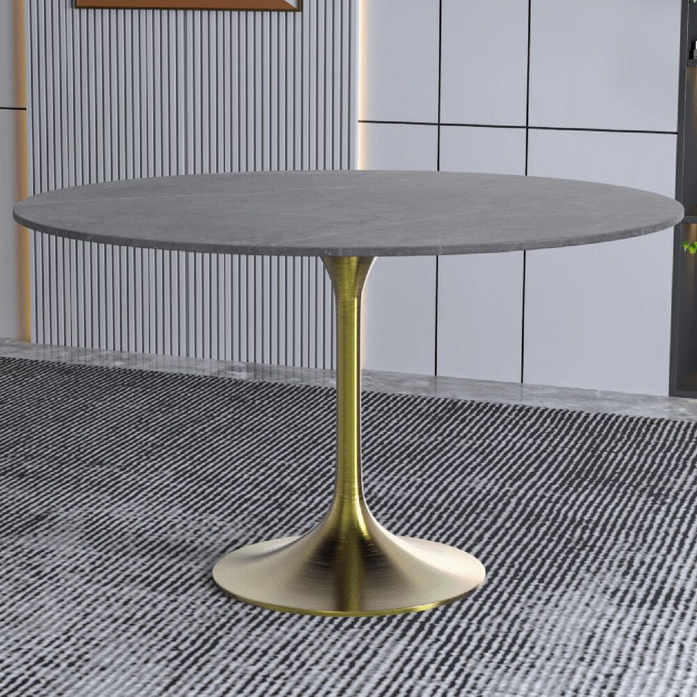 Leisuremod LeisureMod Verve Collection 48 Round Dining Table, Brushed Gold Base with Sintered Stone Grey Top, , large