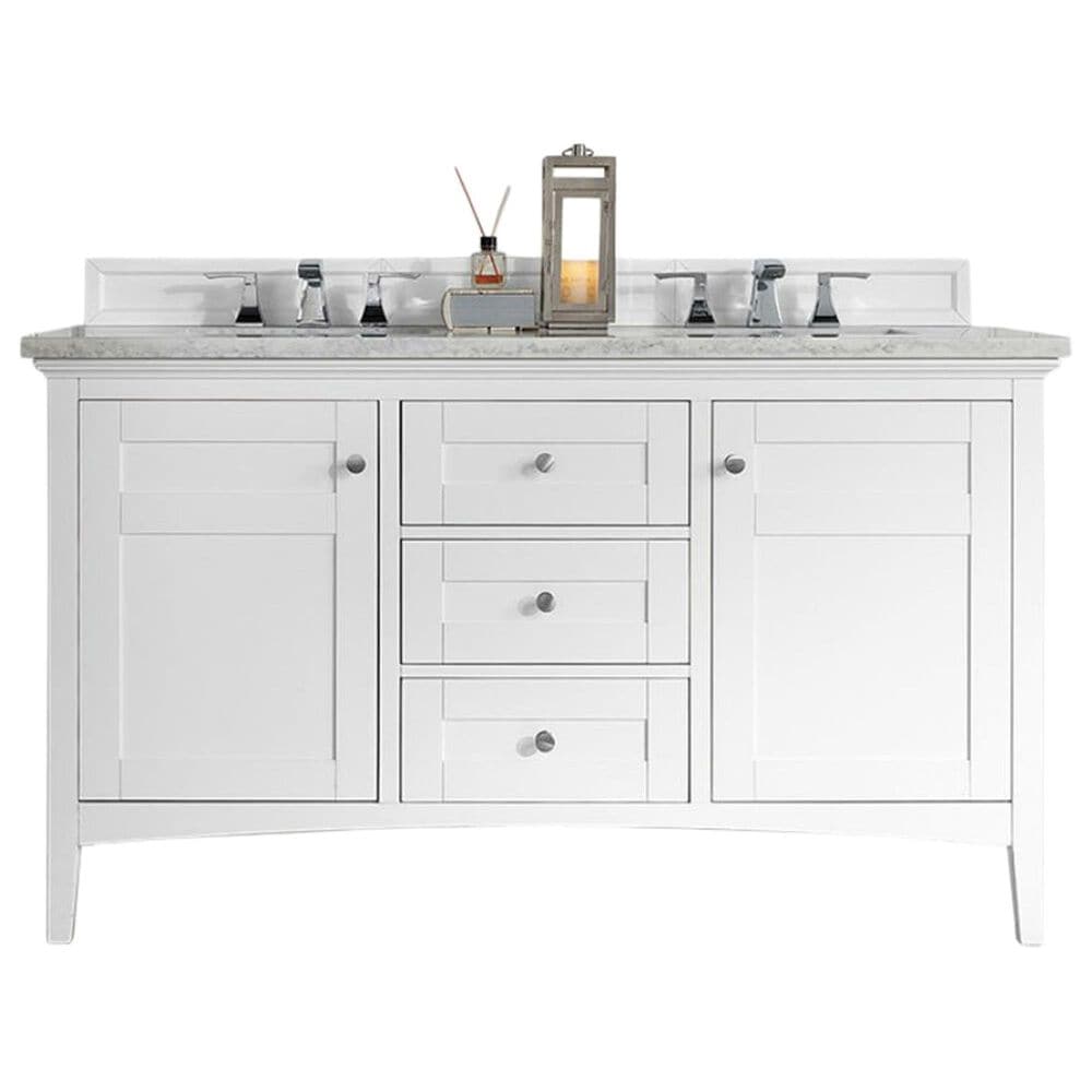 James Martin Vanities Palisades 60" Double Bathroom Vanity in Bright White with 3 cm Carrara White Marble Top and Rectangular Sinks, , large