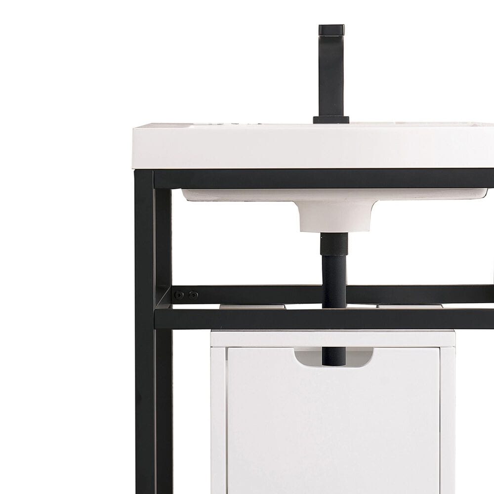 James Martin Vanities Boston 20&quot; Single White Door Bathroom Vanity in Matte Black with 3 cm White Glossy Resin Countertop and Rectangular Sink, , large